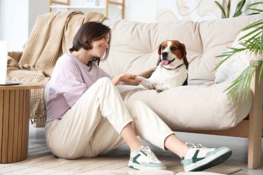 Beagle köpeğinin patisini evdeki kanepede tutan genç kadın.