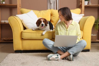 Evde yerde dizüstü bilgisayar kullanan Beagle köpeği olan genç bir kadın.