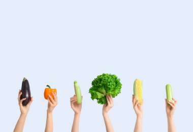 Female hands holding fresh vegetables on white background