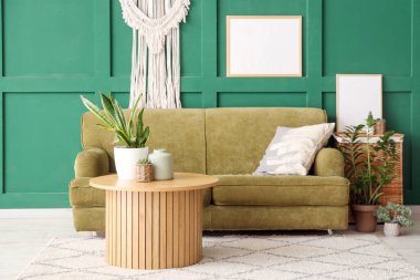 Yastıklı rahat bir kanepe, oturma odasındaki duvarda bitkiler ve çerçeveler olan bir sehpa.