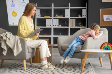 Ofiste küçük bir kızla çalışan kadın psikolog.