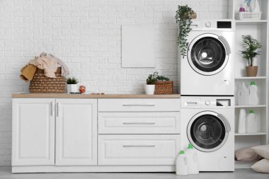 Çamaşır makineleri, ev bitkileri ve beyaz çekmeceli çamaşır odasının içi.