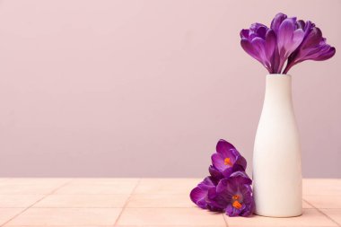 Bej renkli fayans masasında güzel mor çiçek vazosu.