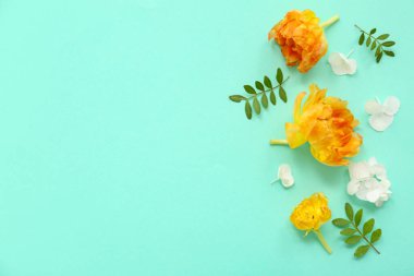 Turkuaz arka planda çiçekli ve yeşil yapraklı güzel kompozisyon