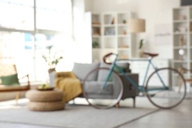 Gri kanepeli, raf üniteli, ev bitkisi ve bisikletli, bulanık manzaralı bir oturma odası.