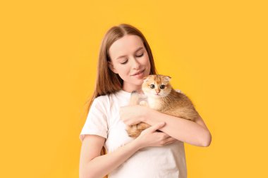 Sarı arka planda sevimli kedi yavrusu olan genç bir kadın.