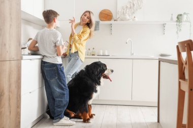 Little boy and his mother with Bernese mountain dog in kitchen clipart