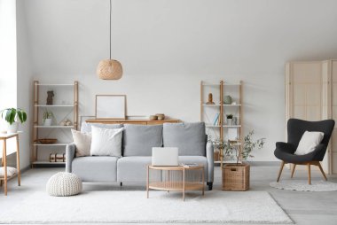 Oturma odasının içinde gri kanepe, zeytin ağacı ve sehpada dizüstü bilgisayar var.