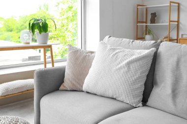 Aydınlık oturma odasının iç tarafında yastıkları olan rahat gri kanepe.