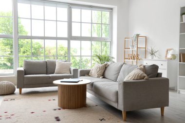 Kahve masasında gri kanepeler ve dergilerle aydınlık oturma odasının içinde.