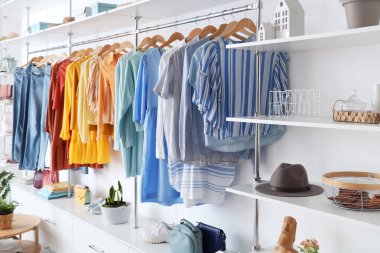 Şık kadın kıyafetleri ve aksesuarları olan gardırop.