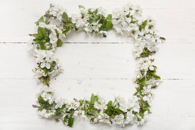 Beyaz ahşap arka plan üzerinde güzel çiçek dalları yapılmış çerçeve