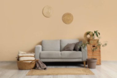 Oturma odasının içinde rahat bir kanepe, halı ve çiçek var.