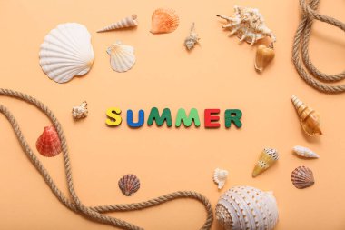 Güzel deniz kabukları ve bej arka planda ip. Yaz konsepti