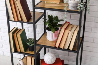 Kitapları ve beyaz tuğla duvarın yanında dekorasyonu olan modern raf ünitesi, yakın plan.