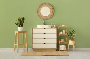 Banyonun içinde lavabo ve raf ünitesi yeşil duvarın yanında.