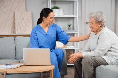 Evde yaşlı bir kadın varken fizyoterapist dizüstü bilgisayar kullanıyor.