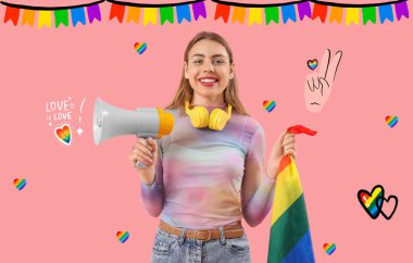 Pembe arka planda LGBT bayrağı ve megafonu olan güzel genç bir kadın.