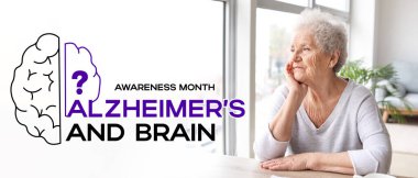 Banner for Alzheimer's and Brain Awareness Month with senior woman at home clipart