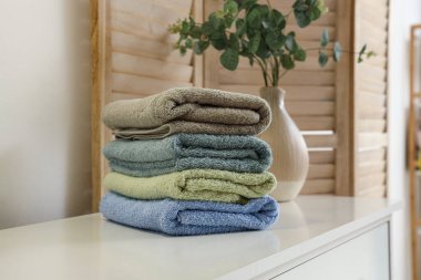 Temiz havlu ve vazo yığını, katlanan ekranın yakınındaki çekmecelerin üzerinde yeşil dallar var.