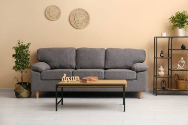 Konforlu kanepe, raf ünitesi, kahve masası ve oturma odasındaki bej duvarın yanındaki çiçek.