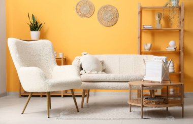 Beyaz kanepe, raf ünitesi ve oturma odasındaki kahve masasının üzerinde dergiler olan depo sepeti.