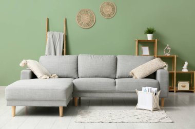 Oturma odasındaki gri kanepenin yanında dergilerle dolu bir depo sepeti.