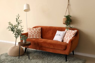 İçinde kahverengi kanepe, sehpa, yastıklar ve zeytin ağacı olan güzel bir oturma odası.