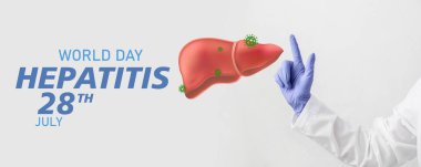 Doktor eli ve hafif arka planda karaciğer çizilmiş. Dünya Hepatit Günü Afişi