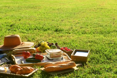 Parktaki yeşil çimlerde lezzetli yiyeceklerle romantik bir pikniğe hazır olun.