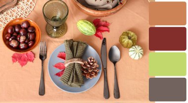 Balkabakları, kestaneler ve konilerle sonbahar masası. Farklı renk desenleri