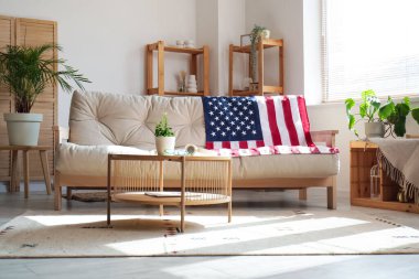 Şık oturma odasının içinde hafif koltukta Amerikan bayrağı var.