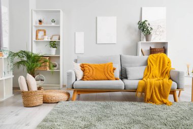 Gri kanepesi, raf ünitesi ve bitkileri olan oturma odasının içinde.