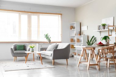 Kanepesi, sehpası, halısı ve penceresi olan şık bir oturma odası.