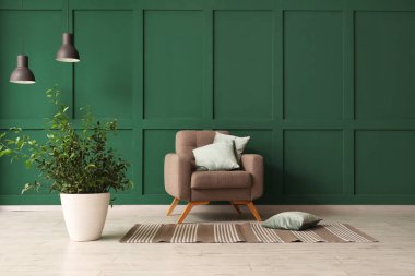 Yastıklı, rahat koltuklu ve yeşil duvarlı bir ev bitkisi.