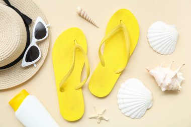 Parlak parmak arası terlikleri, plaj aksesuarları ve renkli arka planda deniz kabukları olan kompozisyon