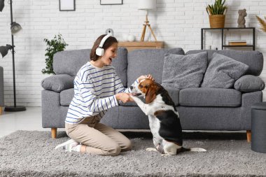 Kulaklıklı genç bir kadın evdeki kanepenin yanında sevimli bir tazı köpeğiyle oynuyor.