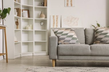 Kanepe, raf ve resimlerle aydınlık oturma odasının içinde.