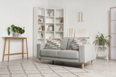 Kanepe, raf ve resimlerle aydınlık oturma odasının içinde.