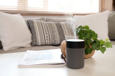 Oturma odasındaki masa üzerinde bitki ve şarjörlü hava nemlendirici.