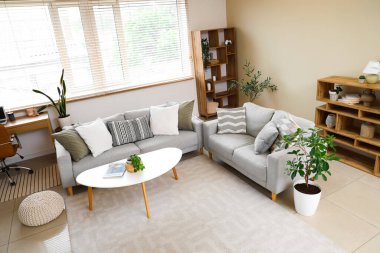 Gri koltukları, masası ve bitkileri olan oturma odasının içinde.