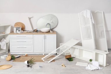 Ters çevrilmiş raf ünitesi ve dağınık banyodaki katlama ekranlı tezgahlar.