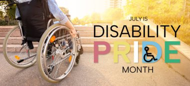 Girl in wheelchair near stairs outdoors. Banner for Disability Pride Month clipart