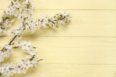 Sarı ahşap arka planda açan dallar