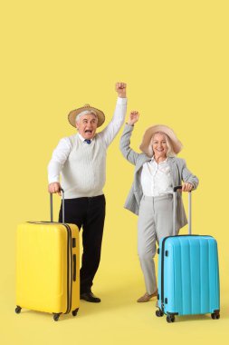 Çantalı olgun iş adamları sarı arka planda yaz tatiline hazır.