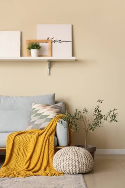 Şık oturma odasının içi rahat kanepe, ekose, puf ve çiçekli.