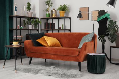 Şık oturma odasının içinde kanepe, yastıklar ve raf üniteleri var.