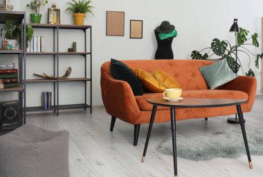 Rahat kanepesi, sehpası ve halısı olan şık bir oturma odası.