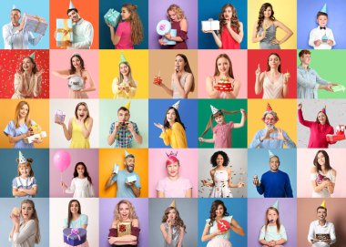 Farklı insanlardan oluşan büyük bir kolaj renk arka planında doğum gününü kutluyor