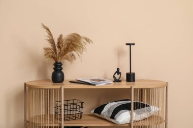 Raflarda vazoda otlar, yastıklar ve heykelcikler, modern oturma odasındaki bej duvarın yanında.